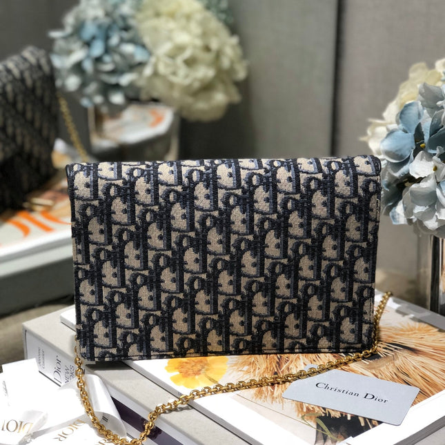 CD Saddle Pouch With Chain Blue Obique Embroidery