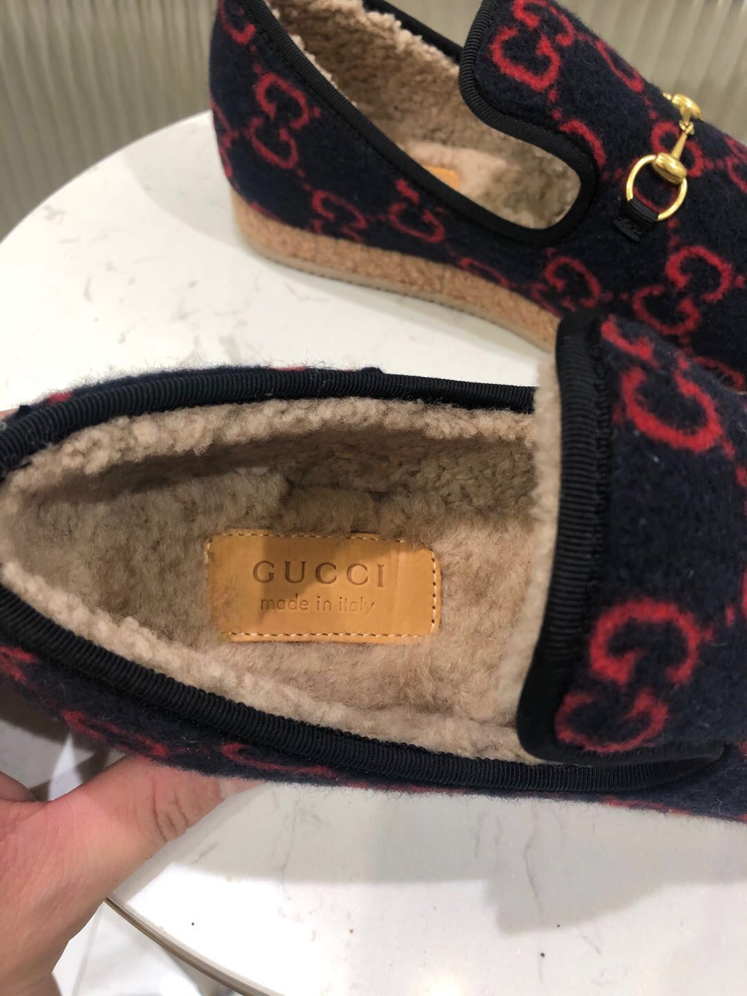 GG HORSEBIT LOAFER IN BLACK MIX RED WOOL AND LAMB FUR LINING