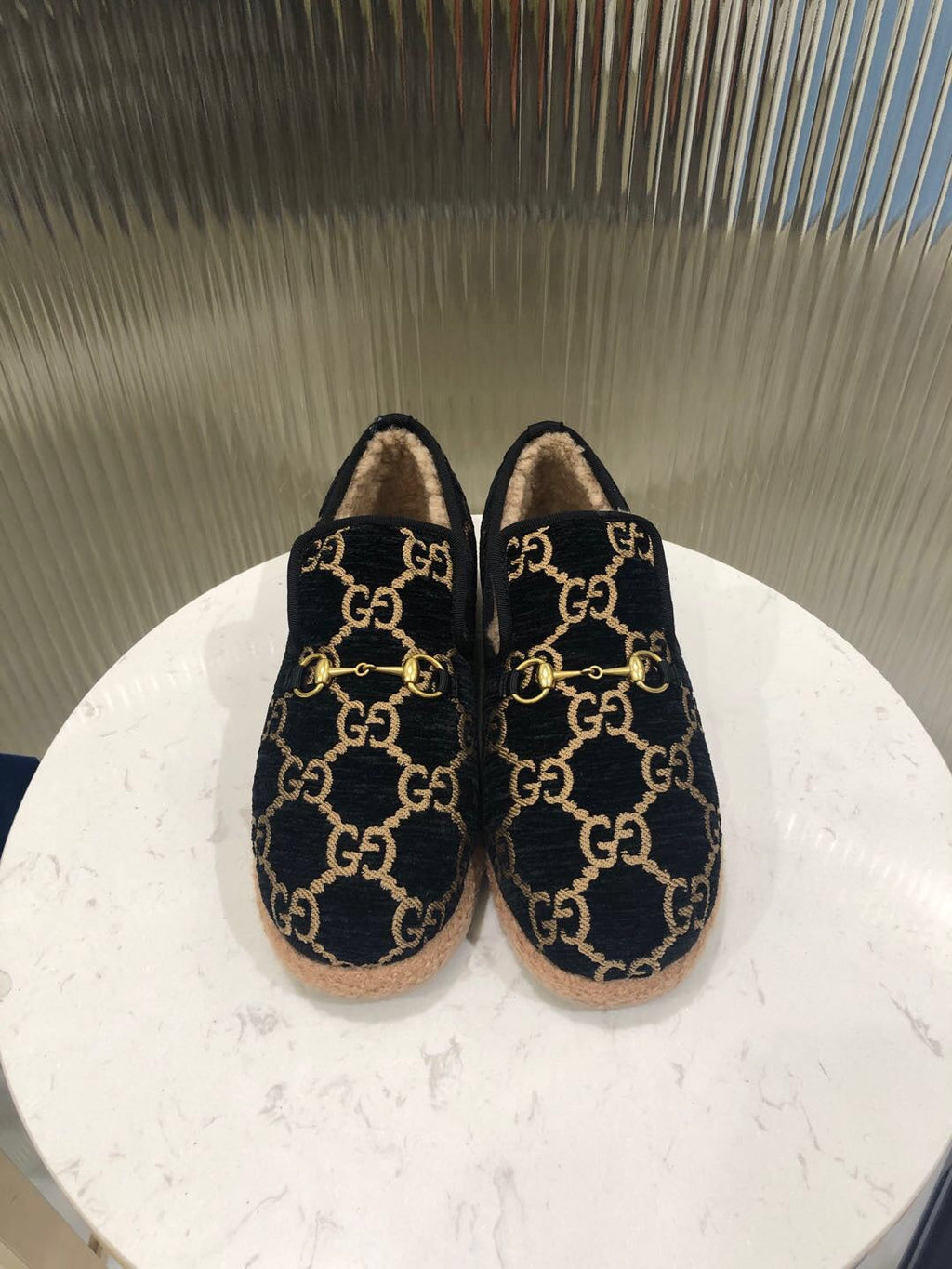 GG HORSEBIT LOAFER IN BLACK MIX YELLOW WOOL AND LAMB FUR LINING