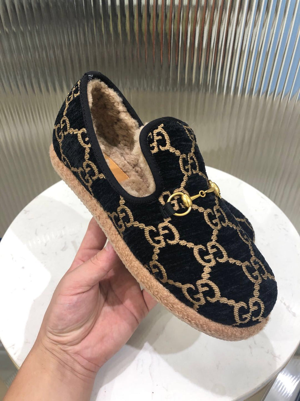 GG HORSEBIT LOAFER IN BLACK MIX YELLOW WOOL AND LAMB FUR LINING