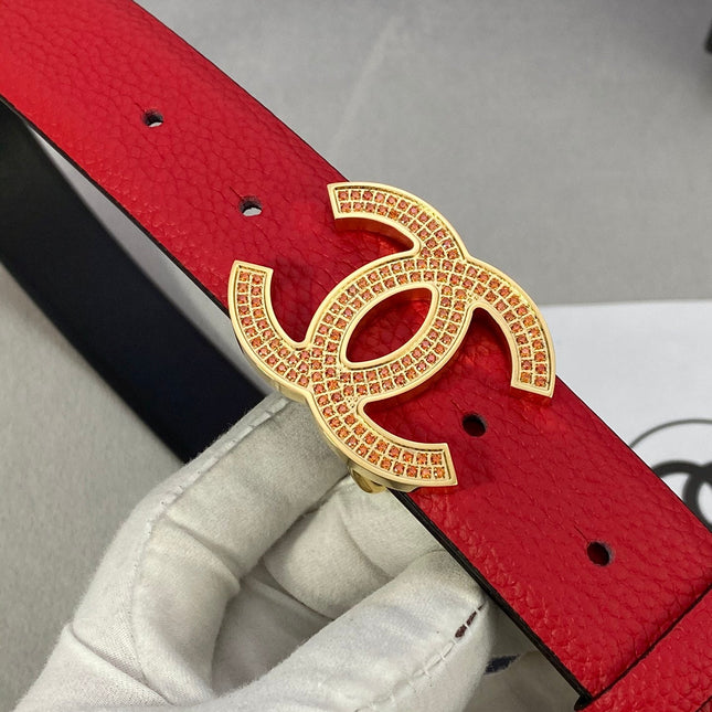 CC 26S BELT 30 MM IN RED CALFSKIN STONE EMBELLISHED GOLD TONE 661123