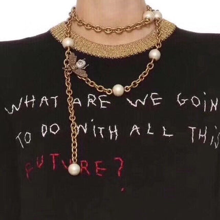 GUCCI 26S BEE CHARM PEARL STATION CHAIN NECKLACE IN AGED GOLD TONE METAL 633889