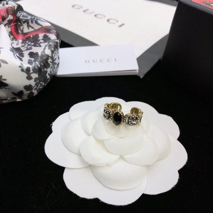 GUCCI 26S DOUBLE G LOGO BLACK CRYSTAL STUD EARRINGS IN ANTIQUE GOLD TONE METAL 627926