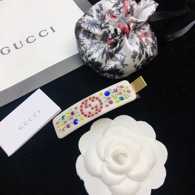 GUCCI 26S DOUBLE G LOGO MULTICOLOR CRYSTAL EMBELLISHED HAIR CLIP IN IVORY RESIN 629879