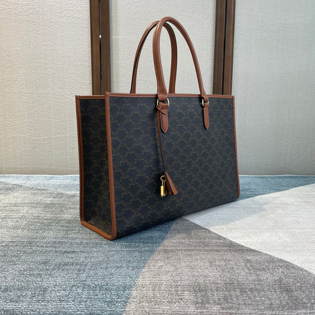 CELINE 25S HORIZONTAL CABAS 43MM IN BLACK TRIOMPHE CANVAS AND TAN BROWN CALFSKIN