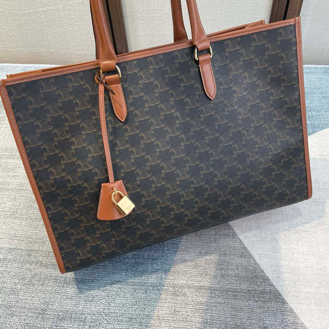 CELINE 25S HORIZONTAL CABAS 43MM IN BLACK TRIOMPHE CANVAS AND TAN BROWN CALFSKIN