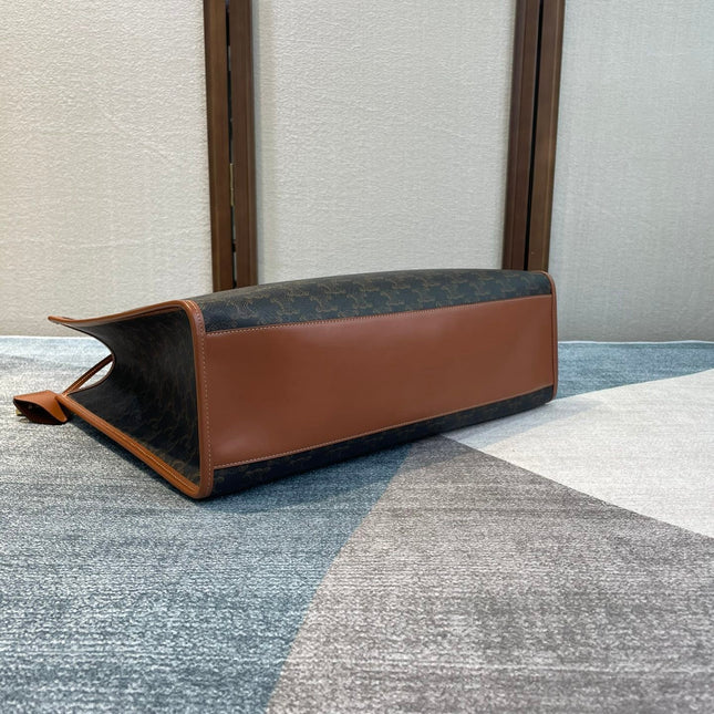 CELINE 25S HORIZONTAL CABAS 43MM IN BLACK TRIOMPHE CANVAS AND TAN BROWN CALFSKIN
