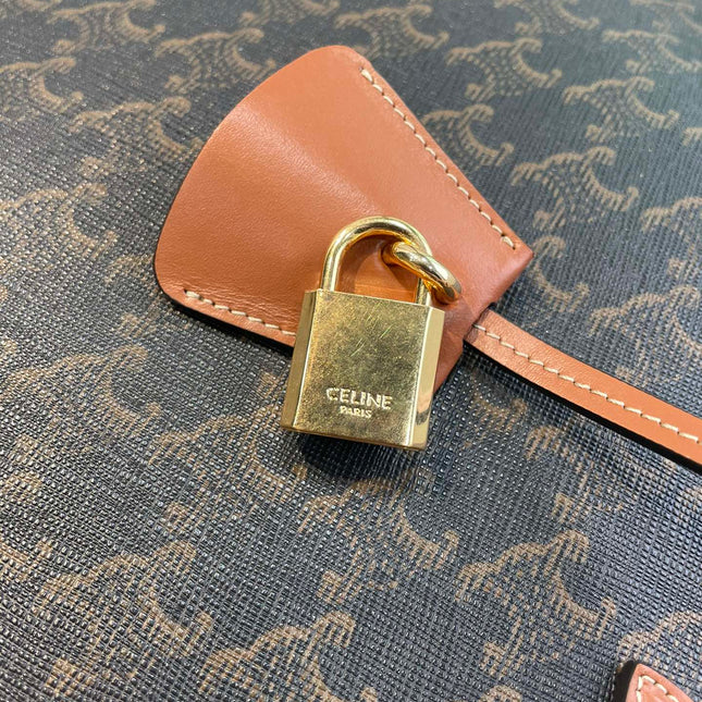 CELINE 25S HORIZONTAL CABAS 43MM IN BLACK TRIOMPHE CANVAS AND TAN BROWN CALFSKIN