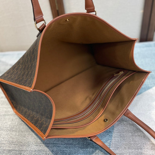 CELINE 25S HORIZONTAL CABAS 43MM IN BLACK TRIOMPHE CANVAS AND TAN BROWN CALFSKIN