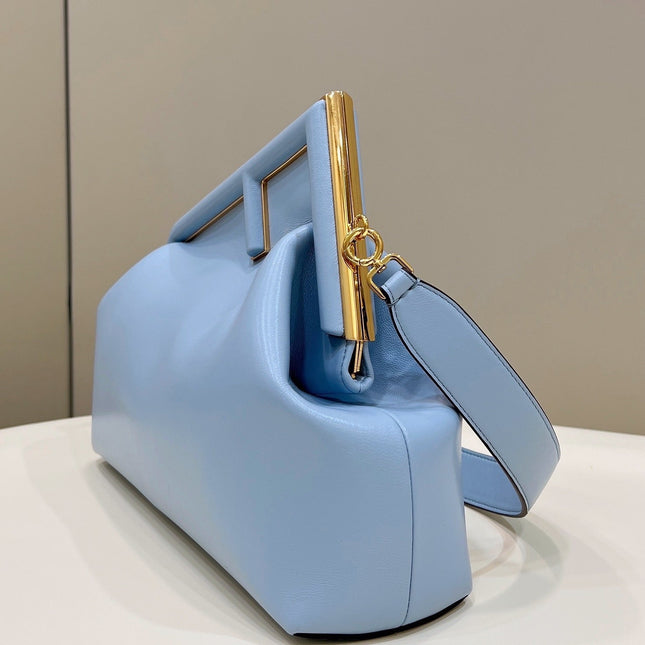 FENDI FIRST SMALL 32 IN LIGHT BLUE NAPPA LEATHER BAG GOLD HARDWARE