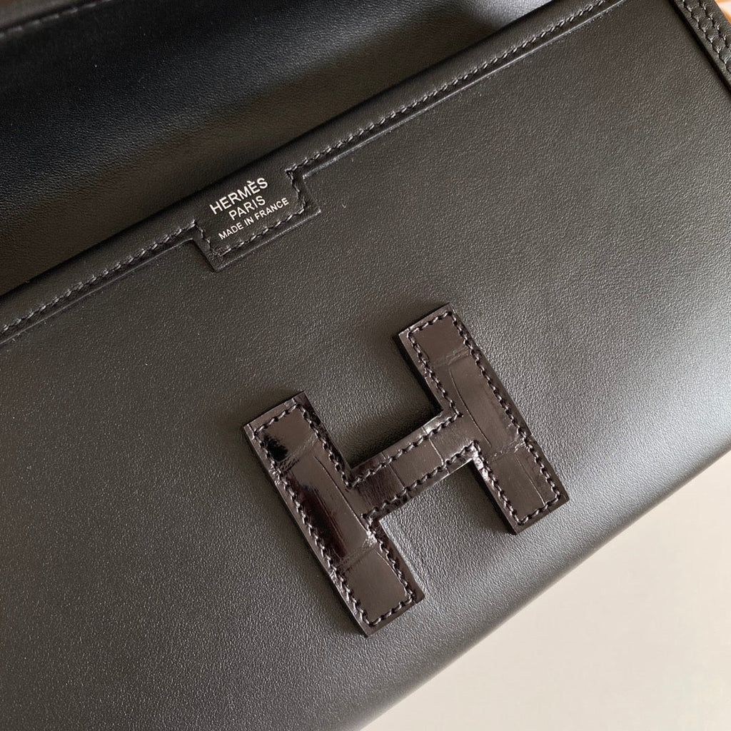 JIGE ELAN 29 CLUTCH IN BLACK CALFSKIN WITH LIZARD SKIN