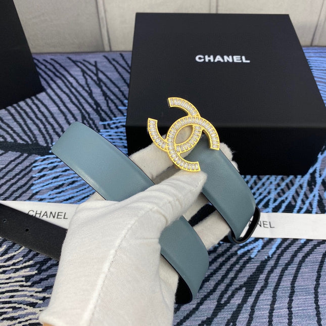 CHANEL 25S BELT 30 MM IN GREY BLUE CALFSKIN WITH GOLD HARDWARE 615102