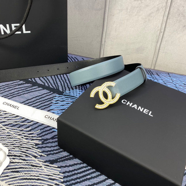 CHANEL 25S BELT 30 MM IN GREY BLUE CALFSKIN WITH GOLD HARDWARE 615102