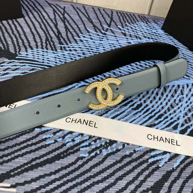 CHANEL 25S BELT 30 MM IN GREY BLUE CALFSKIN WITH GOLD HARDWARE 615102
