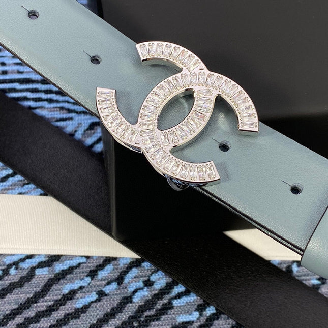 CHANEL 25S BELT 30 MM IN GREY BLUE CALFSKIN WITH SILVER HARDWARE 615102