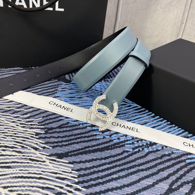 CHANEL 25S BELT 30 MM IN GREY BLUE CALFSKIN WITH SILVER HARDWARE 615102