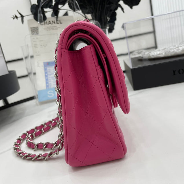 CC 25 CLASSIC SMALL DOUBLE FLAP BAG IN BRIGHT PINK CALFSKIN WITH STRAP