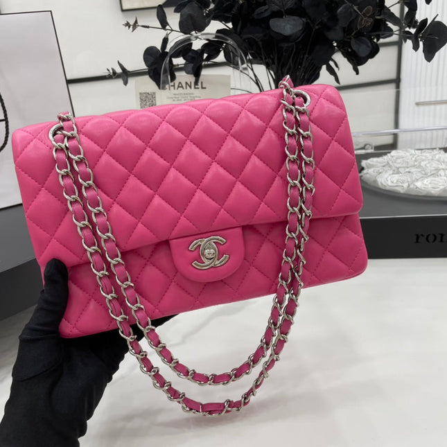 CC 25 CLASSIC SMALL DOUBLE FLAP BAG IN BRIGHT PINK CALFSKIN WITH STRAP
