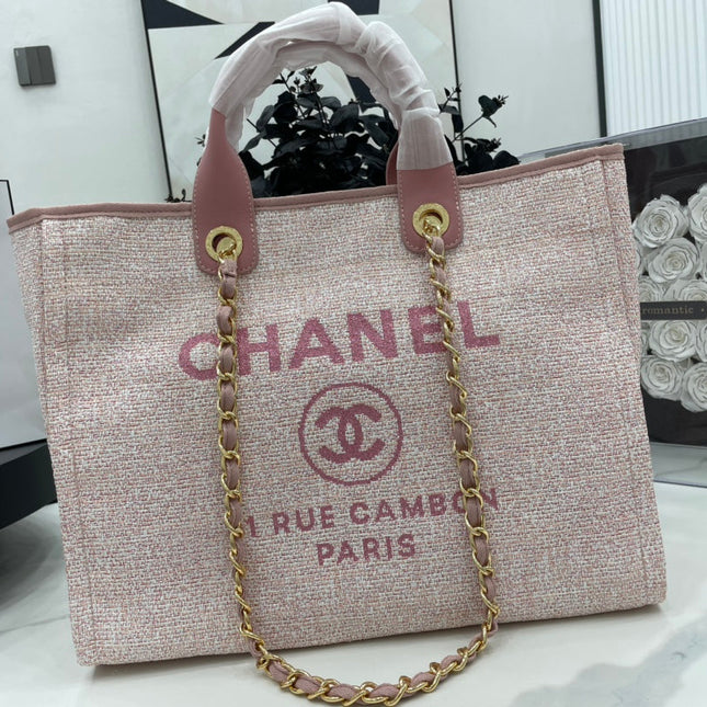 CC DEAUVILLE LARGE 38 TOTE BAG IN LIGHT PINK CANVAS GOLD HARDWARE