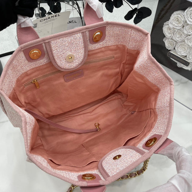 CC DEAUVILLE LARGE 38 TOTE BAG IN LIGHT PINK CANVAS GOLD HARDWARE