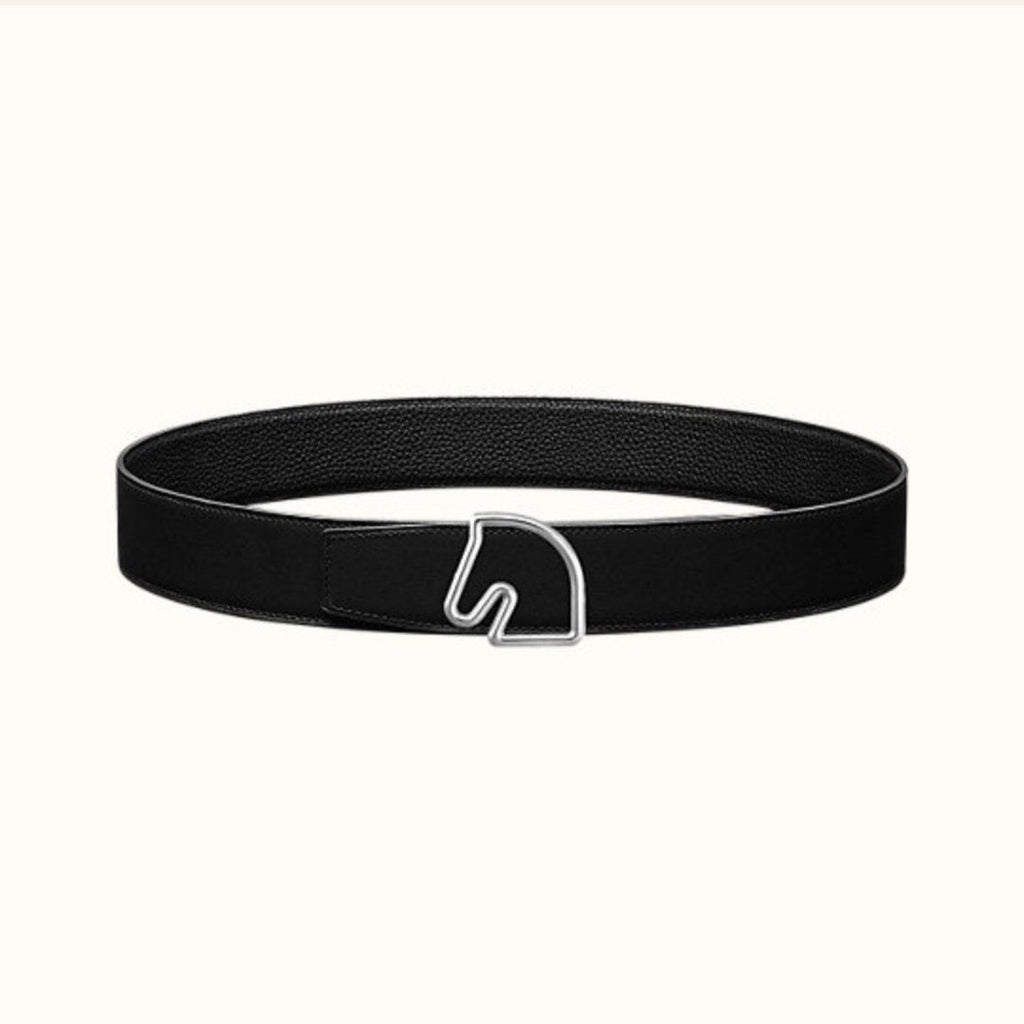 BOUCLE BELT BUCKLE & REVERSIBLE BLACK AND WHITE LEATHER STRAP 38MM SILVER HARDWARE