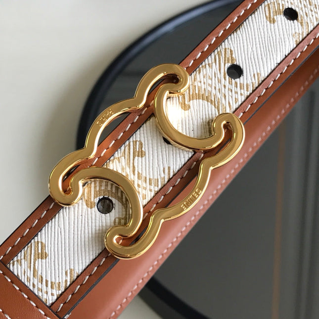 CELINE 25S BELT TRIOMPHE 25MM IN WHITE CALFSKIN AND CANVAS 559677