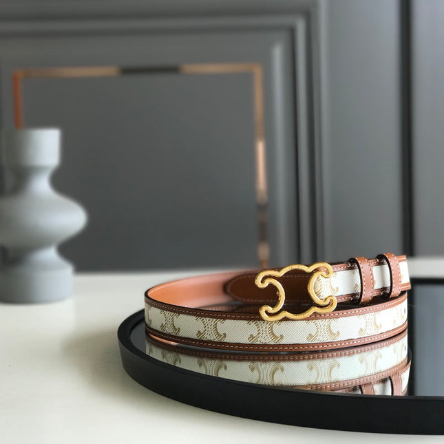 CELINE 25S BELT TRIOMPHE 25MM IN WHITE CALFSKIN AND CANVAS 559677