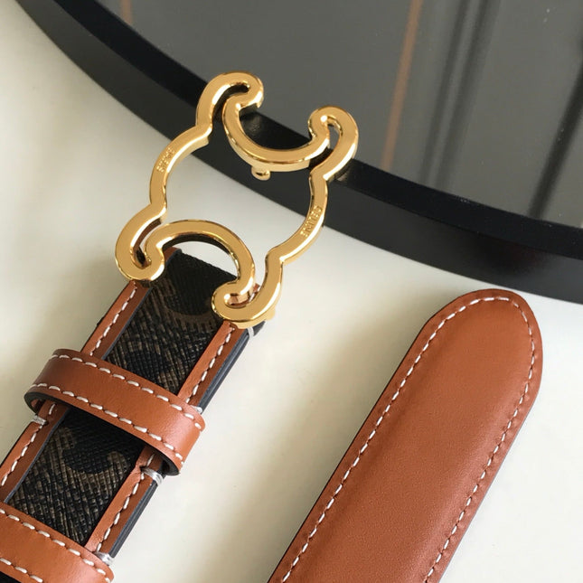 CELINE 25S BELT TRIOMPHE 25MM IN BROWN CALFSKIN AND CANVAS 559678