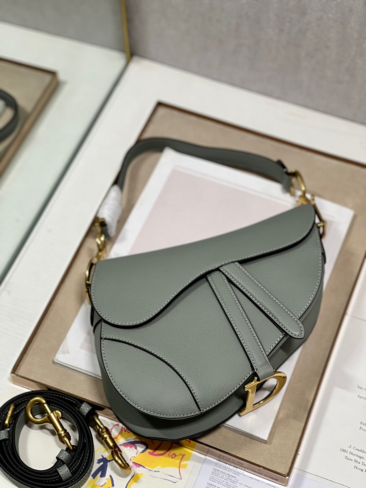 DIOR 26S SADDLE BAG 25 IN STONE GREY CALFSKIN