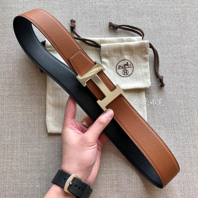 HM BELT BUCKLE & REVERSIBLE BLACK AND BRONZE BROWN LEATHER STRAP 38MM