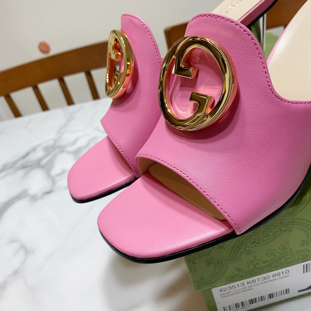 GG WEDGE SLIDES 110 IN BLUE FABRIC WITH GOLD HARDWARE