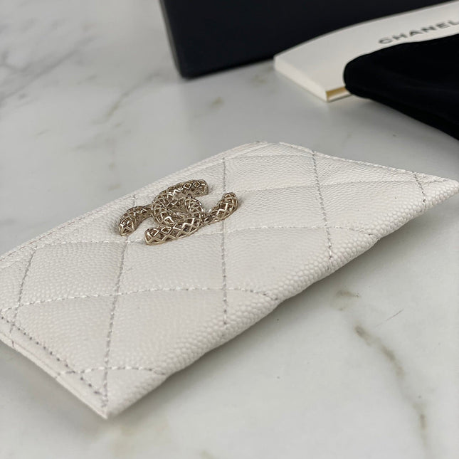 CC CARD HOLDER 19.5 WHITE GRAINED CALFSKIN GOLD ICON