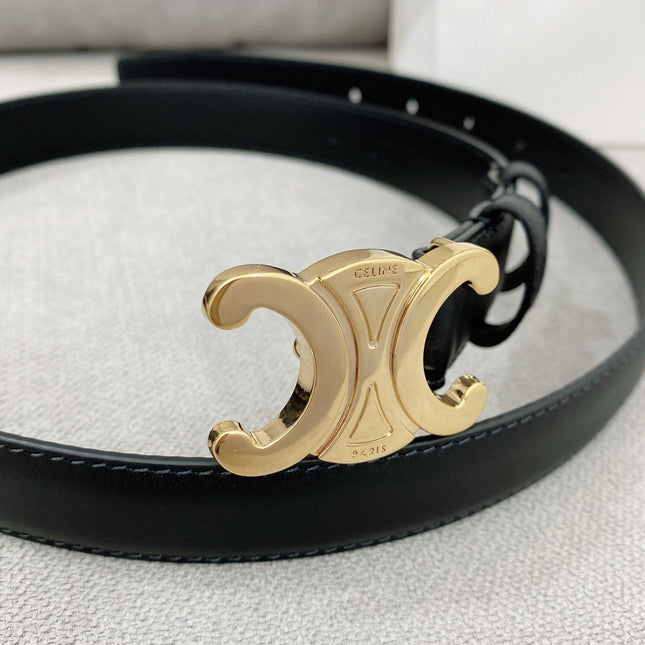 CELINE 25S TRIOMPHE BELT 25MM IN BLACK CALFSKIN GOLD HARDWARE 580679