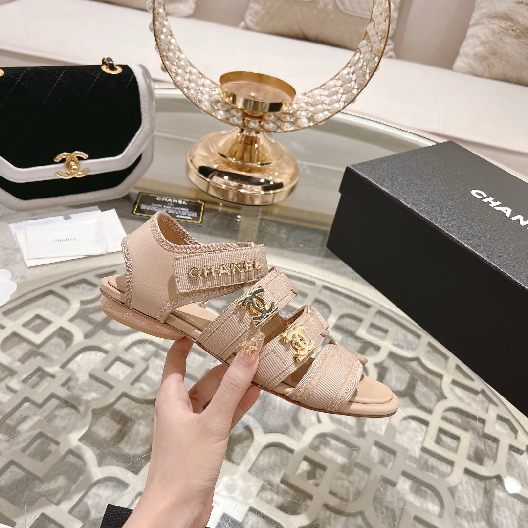 Double C  Xiaoxiang Chain Fabric Head Chunky Sandal Cream Lambskin