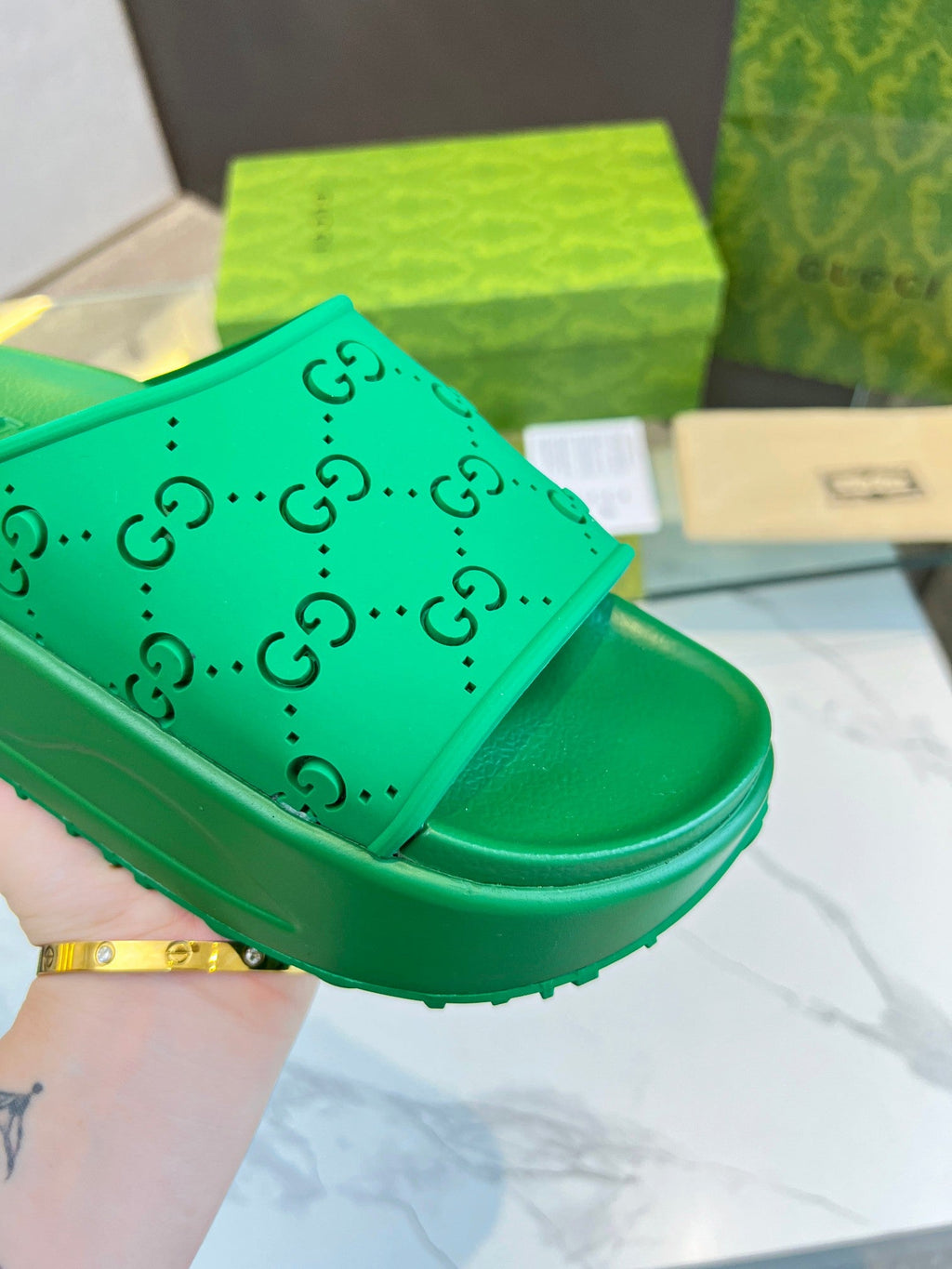 PLATFORM SANDALS IN EMERALD GREEN MONOGRAM IMPORTED TPU