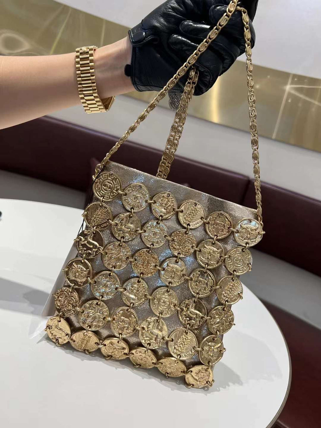 CHANEL 26S PARIS-GREECE MEDALLION CROSSBODY BAG 19 IN GOLD METALLIC LAMBSKIN GOLD HARDWARE