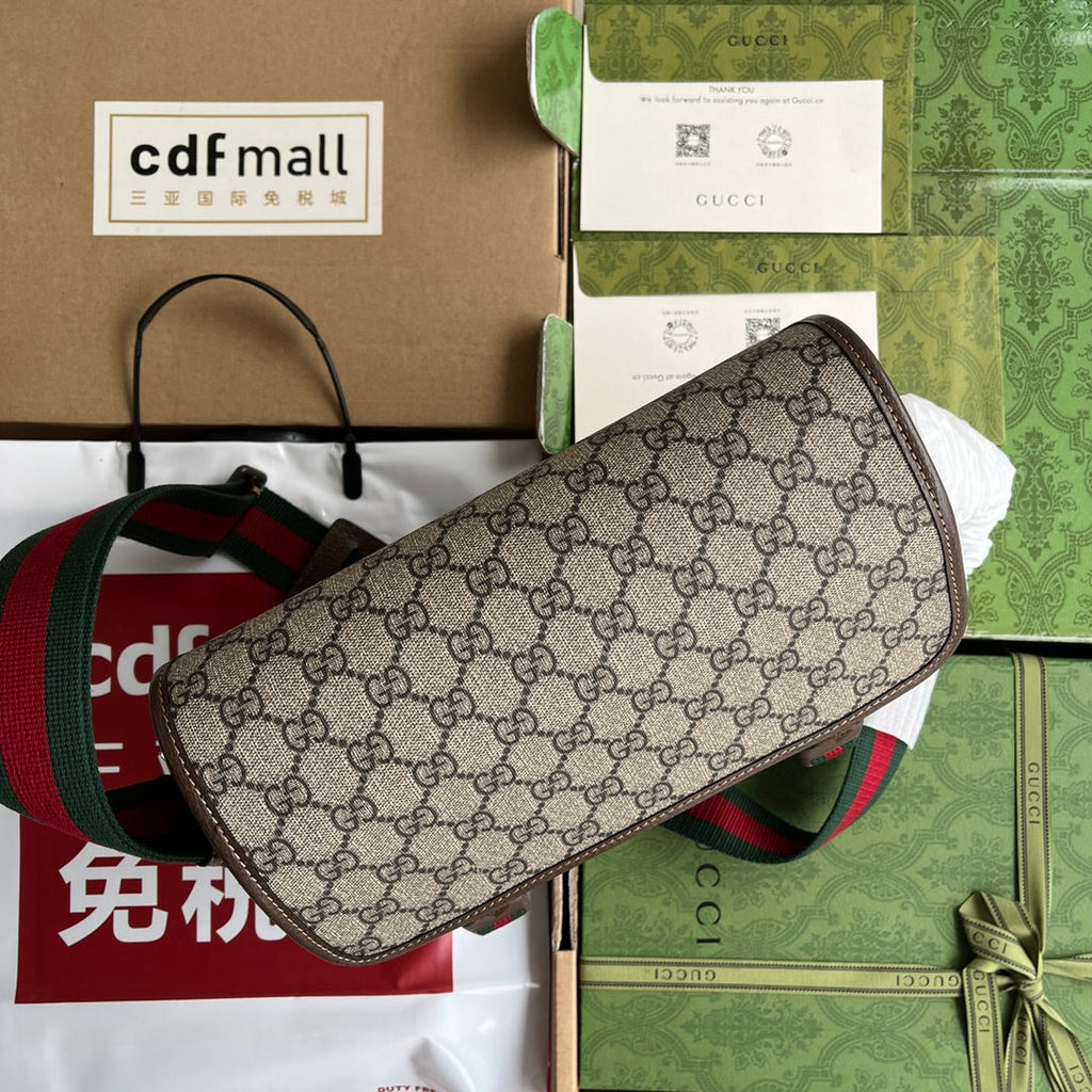 OPHIDIA MEDIUM MESSENGER BAG 27 IN BEIGE AND EBONY GG CALFSKIN GREEN RED WEB STRIPE CANVAS