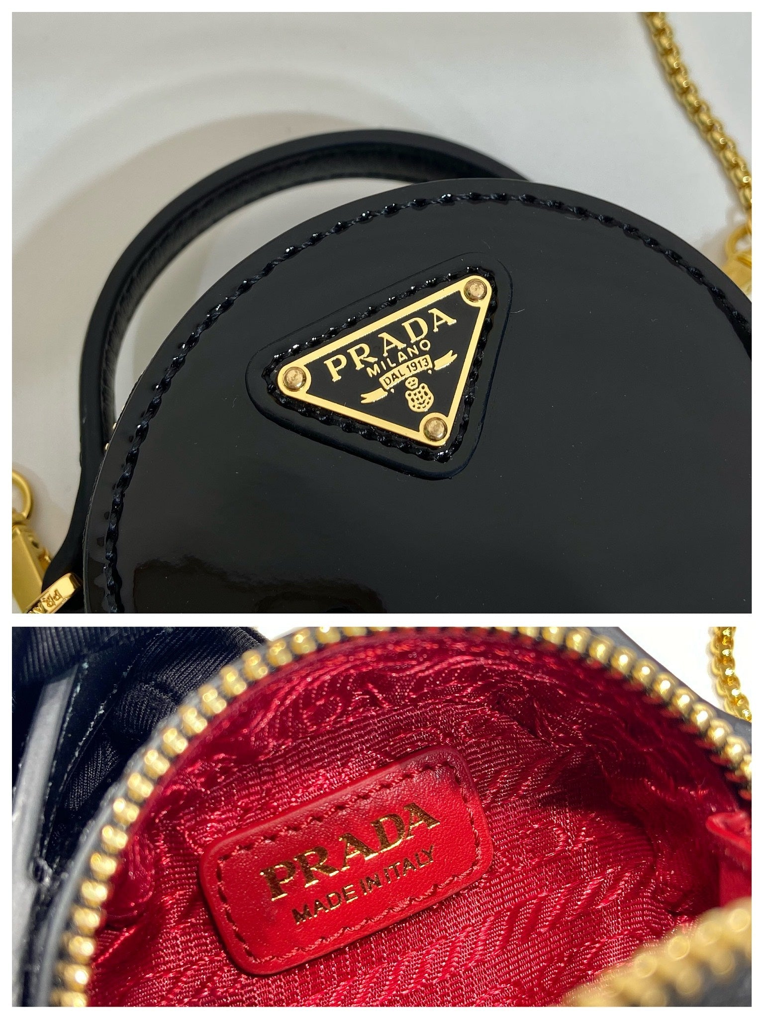 MINI ROUND BAG 8 IN BLACK GLOSSY CALFSKIN GOLD HARDWARE