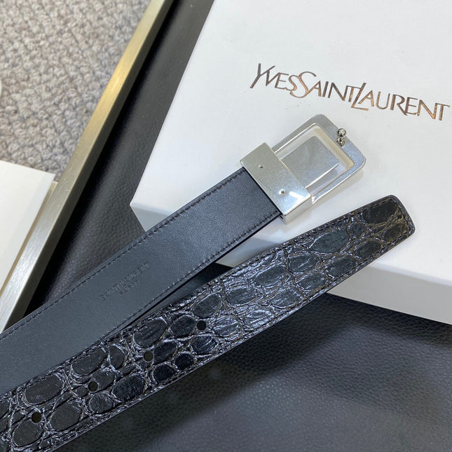 YSL 25S BELT 30 MM IN BLACK EMBOSSED CALFSKIN 464868