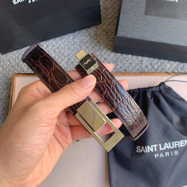 YSL 25S BELT 24 MM IN DARK BROWN EMBOSSED CALFSKIN 529686