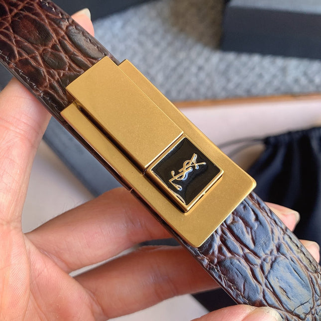 YSL 25S BELT 24 MM IN DARK BROWN EMBOSSED CALFSKIN 529686