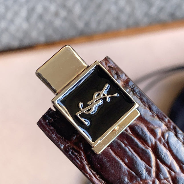 YSL 25S BELT 24 MM IN DARK BROWN EMBOSSED CALFSKIN 529686
