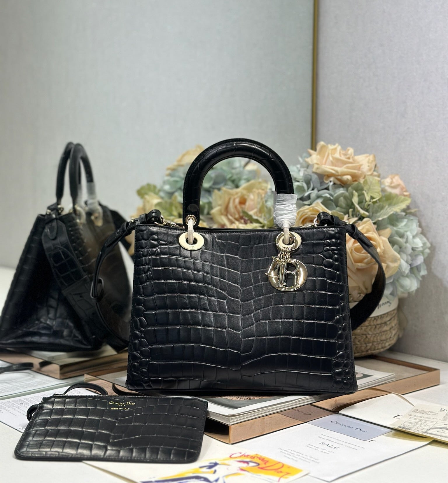 DIOR 26S TOUJOURS BAG 28 IN BLACK CROCODILE LEATHER