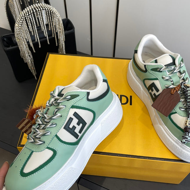 FENDI 25S SNEAKERS 50 MM IN SOFT SAGE GREEN SYNTHETIC LEATHER WITH CHARM