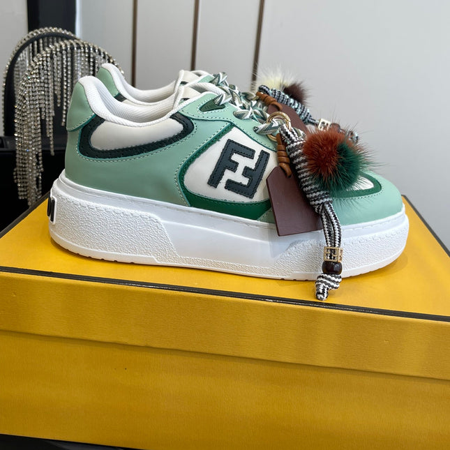 FENDI 25S SNEAKERS 50 MM IN SOFT SAGE GREEN SYNTHETIC LEATHER WITH CHARM