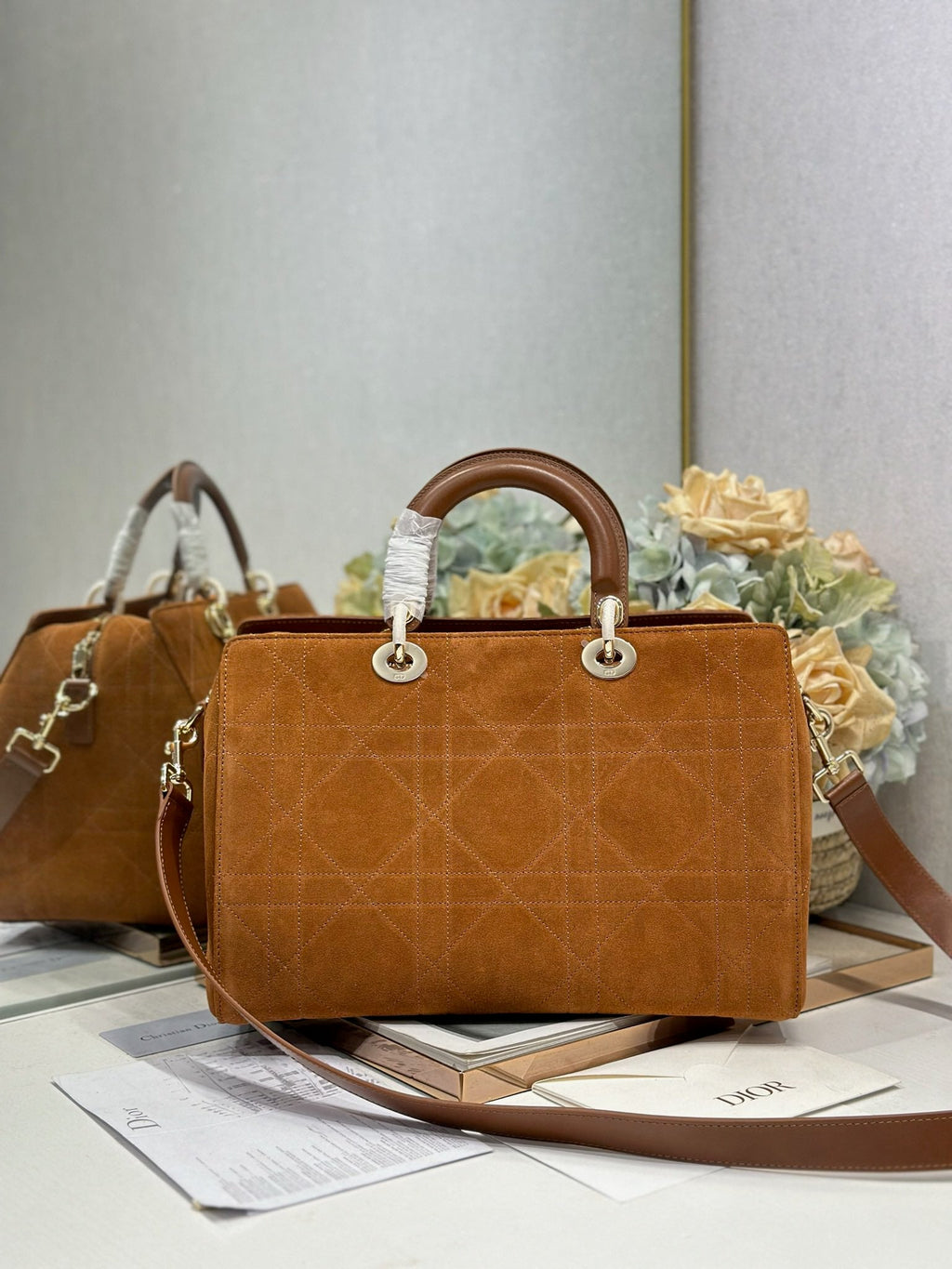 DIOR 26S CANNAGE GRANVILLE BAG 34 IN LIGHT BROWN SUEDE