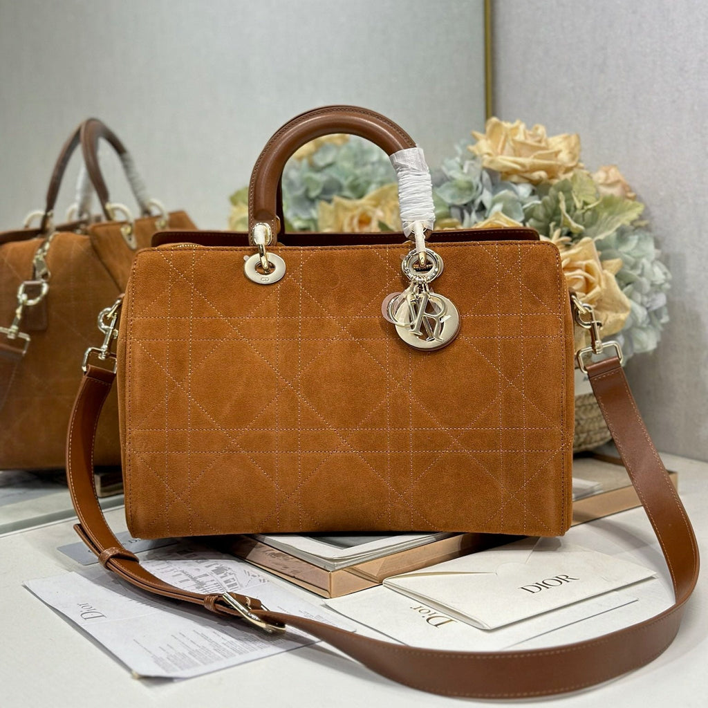 DIOR 26S CANNAGE GRANVILLE BAG 34 IN LIGHT BROWN SUEDE