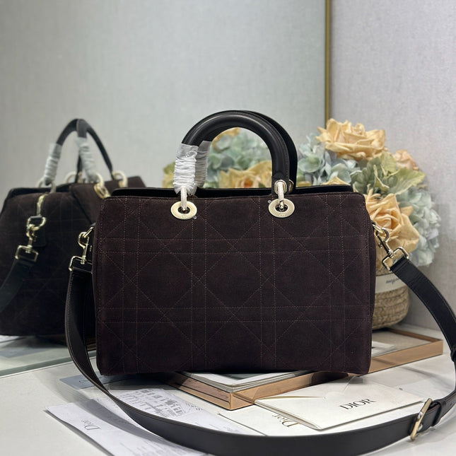 DIOR 26S LADY BAG 34 IN DARK BROWN SUEDE