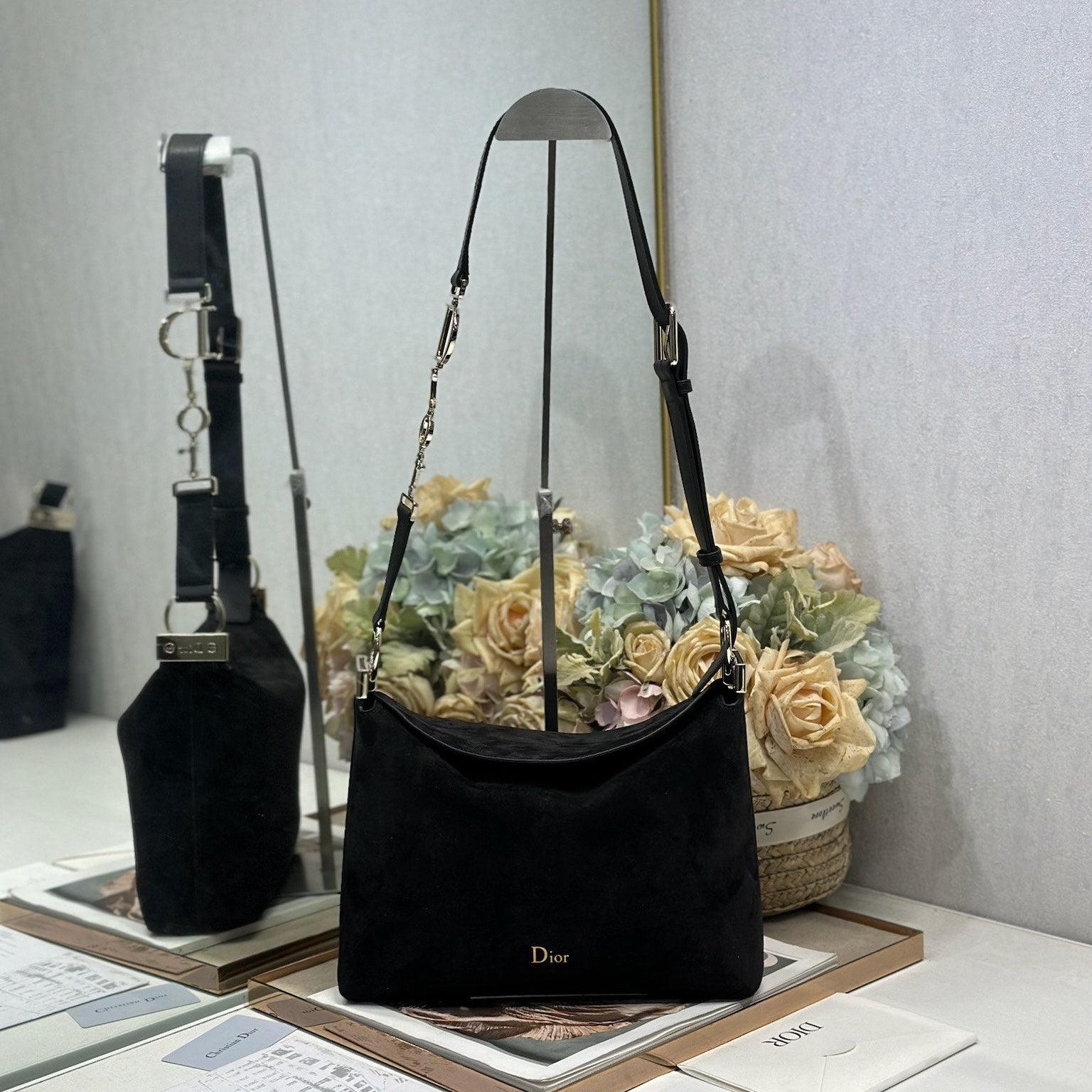 DIOR 26S DIORLY BAG 28 IN BLACK SUEDE