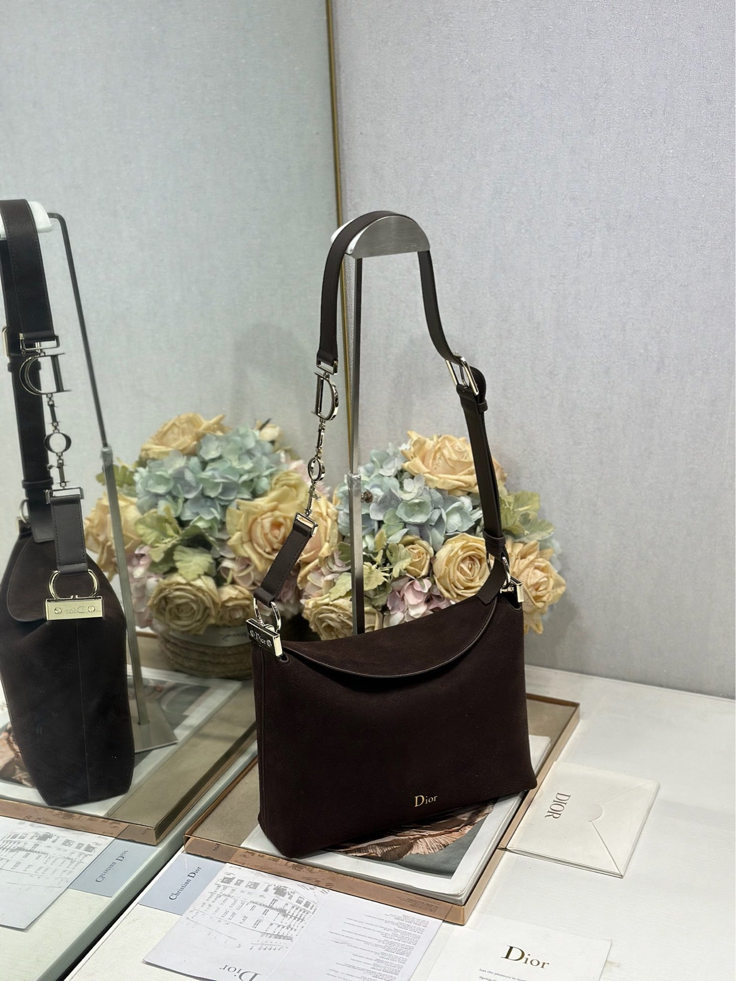 DIOR 26S DIORLY BAG 33 IN DRAK BROWN SUEDE